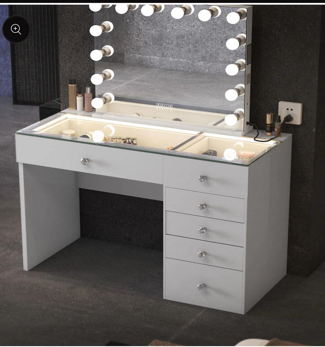 Briana 6 Drawer Vanity Desk with LED Lighting w/ Portrait Vanity Mirror Bundle