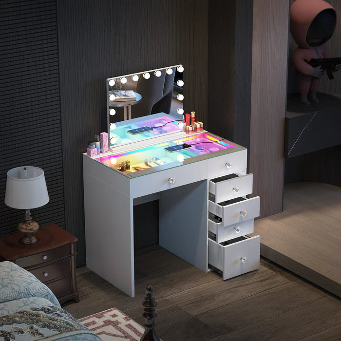 Briana 6 Drawer Vanity Desk with LED Lighting w/ Portrait Vanity Mirror Bundle